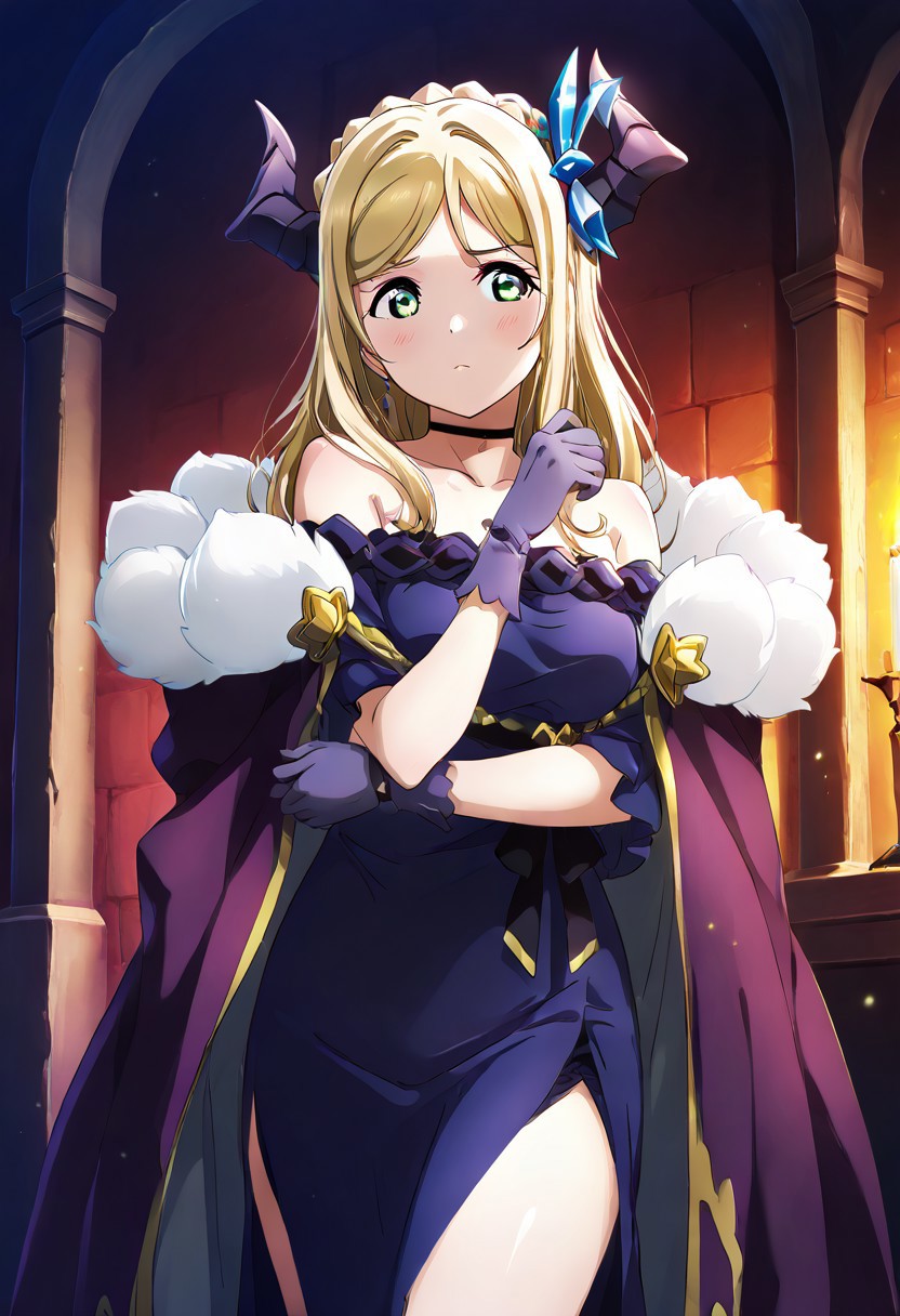 masterpiece, best quality, solo, 1girl, aged up, 
MariMari, green eyes, blonde hair, demon horns, long hair, crown braid, blue dress, purple gloves, bare shoulders, purple cape, off-shoulder dress, side slit, black choker, fur trim, standing,
