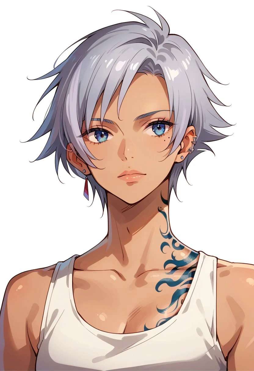 score_8, score_8_up, score_7_up, source_anime, 1girl, solo, female focus, Helena_CF, silver hair, short hair, bangs, asymmetrical hair, asymmetrical earrings, ear piercing, earrings, mole under eye, neck tattoo, white tank top, (dark skinned female:0.75), portrait, simple background, white background