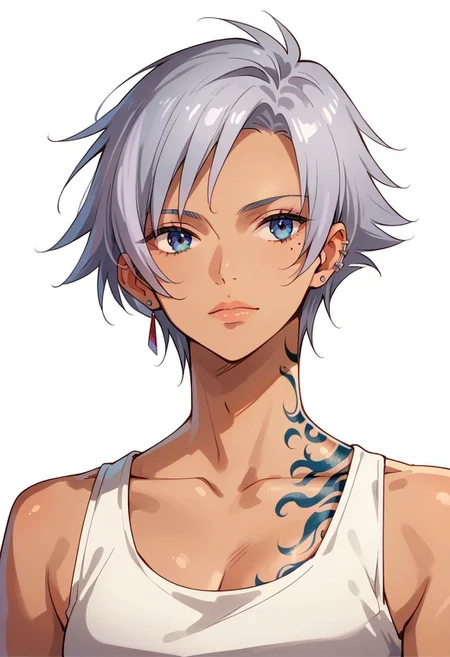 score_8, score_8_up, score_7_up, source_anime, 1girl, solo, female focus, Helena_CF, silver hair, short hair, bangs, asymmetrical hair,  asymmetrical earrings, ear piercing, earrings, mole under eye, neck tattoo, white tank top, (dark skinned female:0.75), portrait, simple background, white background