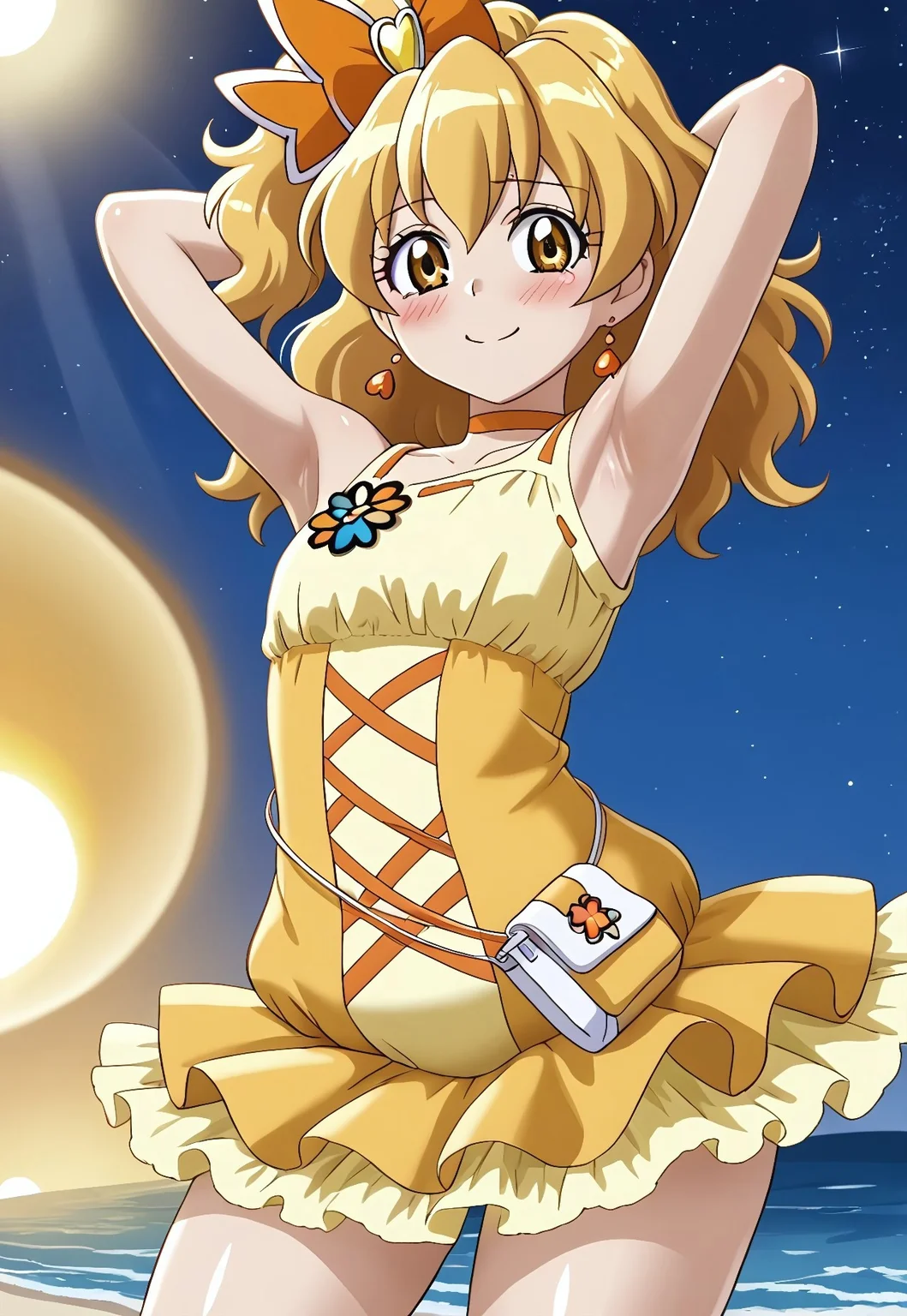 detailed background, shiny skin, posing,
<lora:curepine.pony:1>,
curepine, wide hips,
high quality, solo, looking at viewer, solo, {contrapposto}, spread armpit, arms behind head, blushing, looking at viewer, cowboy shot, shy, closed mouth, night sky, beach, looking at viewer, best quality, smile,
