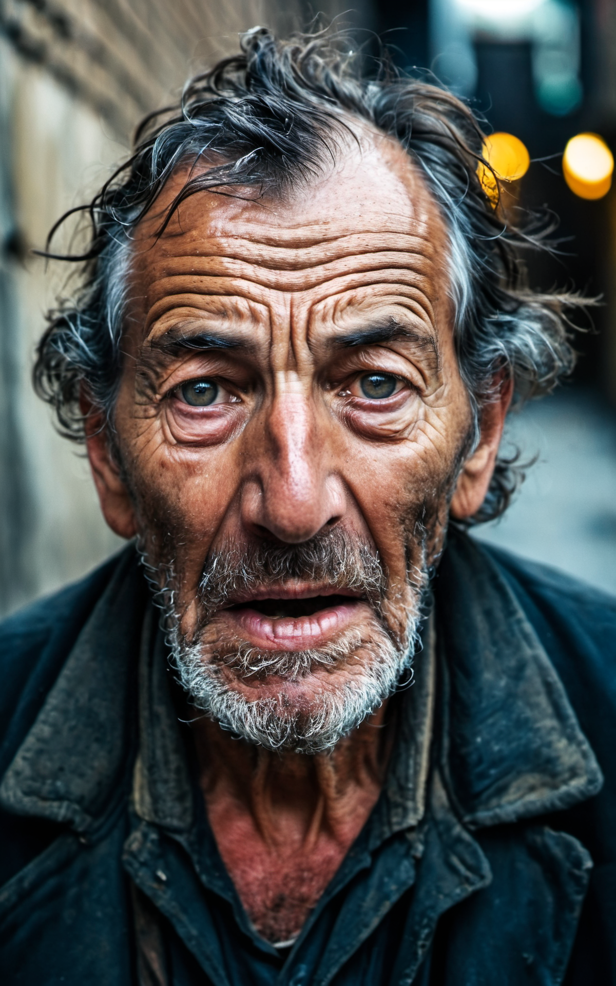 portrait of very old,(150 years old),poor,homeless,tired,man,toothless,open mouth,(intense stare:1.3),in a dirty alley,(headshot:1.2),(face focus:1.1),(facing the camera:1.2),head in the center,slight smile but sad,(facing straightforward:1.2),(forward facing:1.1),face,Head,Head focus,Head tilted
