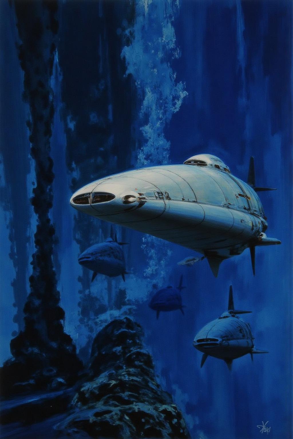 jober11 illustration.
A futuristic, sci-fi style, depicting an underwater scene with a sleek, streamlined submarines. The artwork features a predominantly dark blue and black color palette, creating an eerie, underwater ambiance. The submarine, shaped like a sleek, elongated torpedo, is predominantly white with some silver accents, and it has a streamlined, aerodynamic design with a cockpit section at the front.
 <lora:jober1_cap_d6a3e12:1.0><lora:819113747542083580:0>