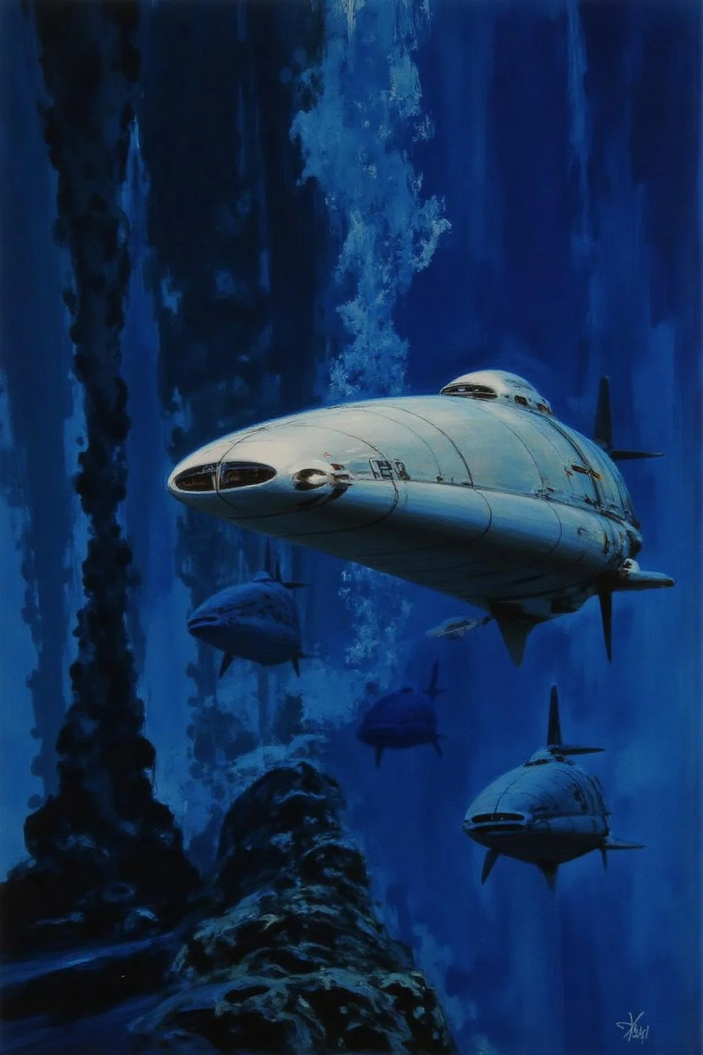jober11 illustration.
A futuristic, sci-fi style, depicting an underwater scene with a sleek, streamlined submarines. The artwork features a predominantly dark blue and black color palette, creating an eerie, underwater ambiance. The submarine, shaped like a sleek, elongated torpedo, is predominantly white with some silver accents, and it has a streamlined, aerodynamic design with a cockpit section at the front.
 <lora:jober1_cap_d6a3e12:1.0><lora:819113747542083580:0>