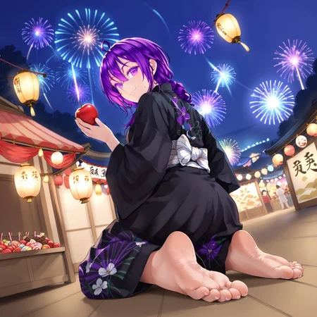 1girl, miyaura sanshio, solo, close up, ahoge, purple hair, ahoge, black shirt, eyelashes, foreshortening, purple eyes, standing,foot focus, feet, soles, from below, smile, festival, candy apple, food stand, kneeling, paper lantern, night, yukata, fireworks, looking back, dutch angle, reaching towards viewer