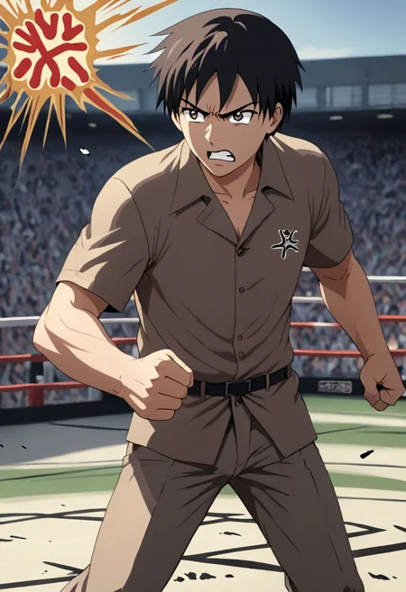 high resolution, solo, best quality, 1Boy, Takaki Toono, Brownish Hair, Brown Eyes, anger, fight, OverallDetail
