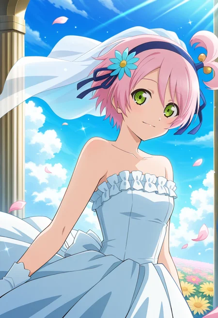 day, cloud, floating petals,
BREAK,
light smile,
cowboy shot, dynamic angle,
looking at viewer,
BREAK,
<lora:kanonnoEX_illustriousXL_v01:0.9>
kanonnoERnd,
pink hair, short hair, green eyes, ponytail, hairband, bow hairband,
wedding dress, frills, bridal veil,, source_anime, very aesthetic, anime coloring, masterpiece,
best quality, amazing quality, ultra detailed, very aesthetic,
detailed background,
BREAK,