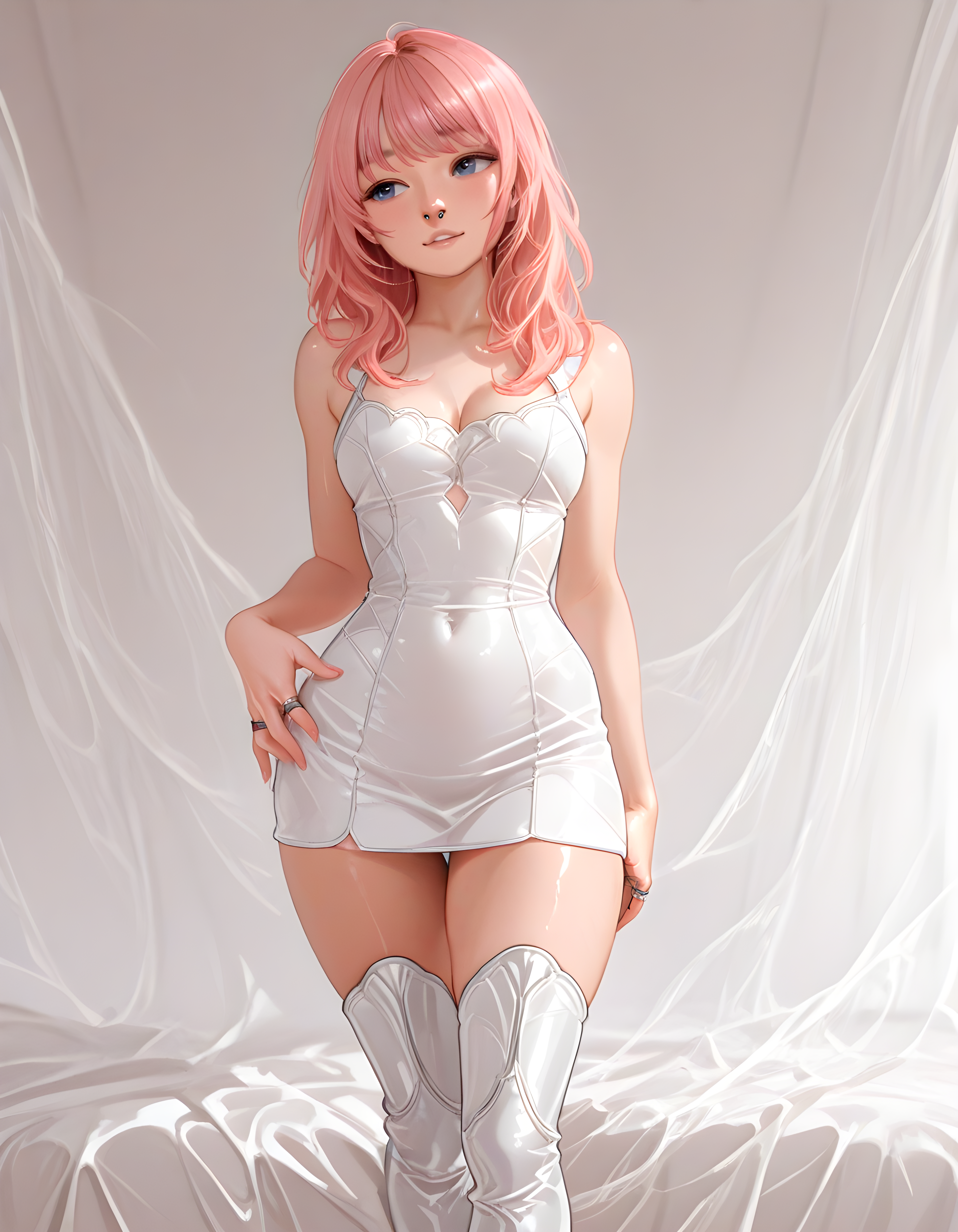 1girl, solo, Athletic with a tight, shapely rear and defined arms, thigh high space boots match her super sexy short dress, natural look with soft pink tones, soft sadness with downcast eyes, hand on hip, chin lifted, nose ring and stacked rings, Confident and commanding, on a messy bed with silk sheets, tasteful detailing, 
hyper-detailed, cinematic lighting, 8K, ultra texturalm masterpiece
(embedding:Stable_Yogis_Illustrious_Positives:1.2)