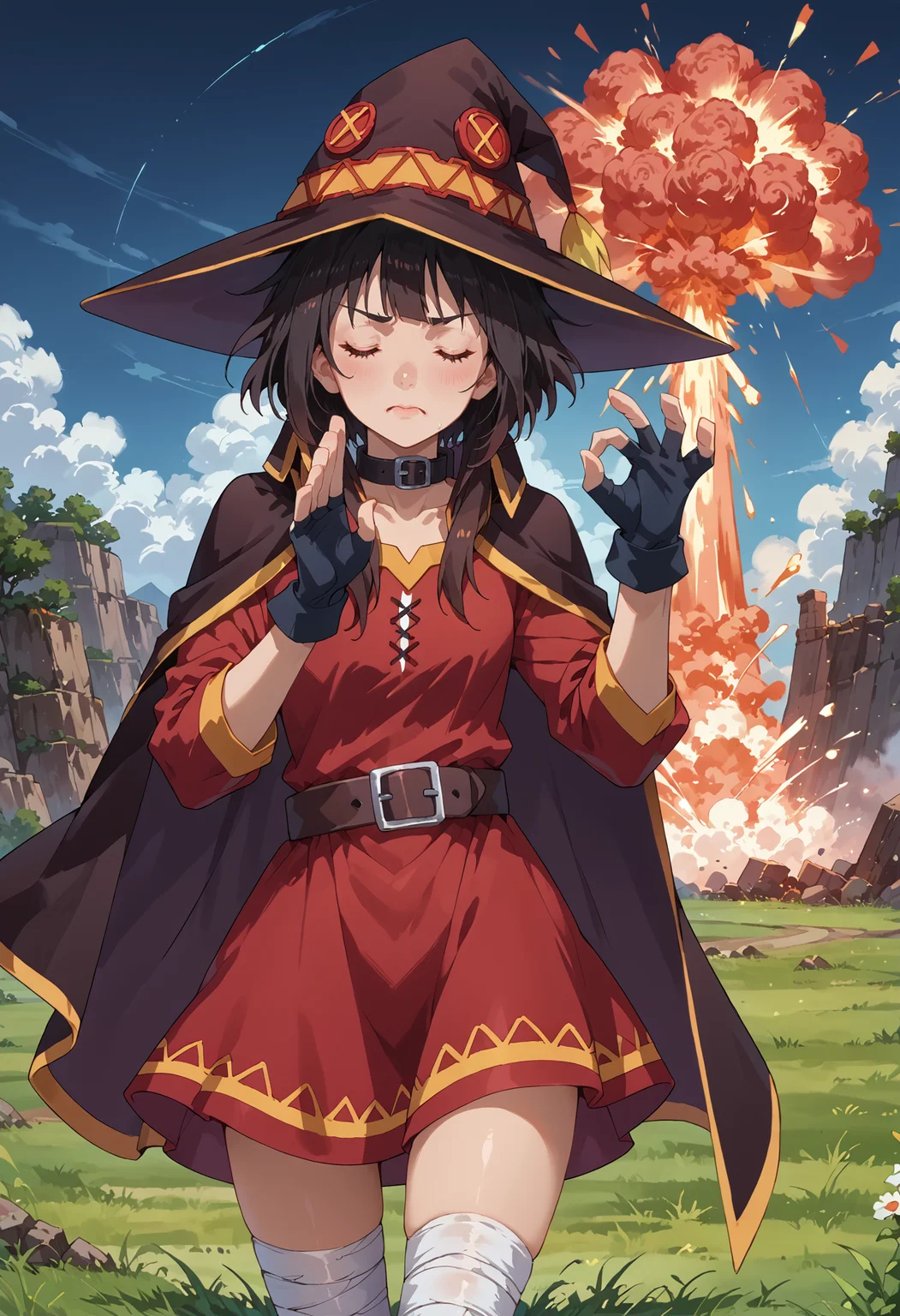 score_9,score_8_up,score_7_up,source_anime,<lora:princess_xl_v2:0.8>,fantasy,grass,1girl,<lora:PachaMeme_pdxl_Incrs_v1>,pachameme,hands up,ok sign,closed eyes,<lora:konosuba-megumin-s2-ponyxl-lora-nochekaiser:0.8>,megumin,short hair,black hair,red eyes,short hair with long locks,thighhighs,gloves,hat,dress,black gloves,belt,black thighhighs,fingerless gloves,cape,collar,witch hat,bandages,red dress,single thighhigh,asymmetrical legwear,bandaged leg,<lora:age_slider_v4:2>,<lora:Nuclear_Explosion:0.8>,Nuclear Explosion,Nuclear Explosion in the Background,<lora:Fant5yP0ny:0.8>,