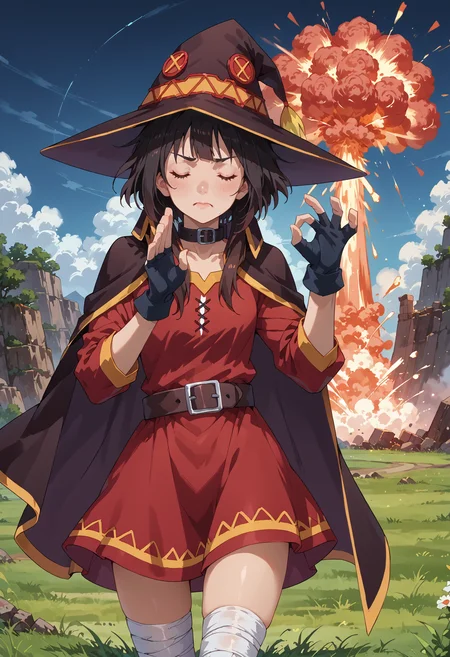 score_9,score_8_up,score_7_up,source_anime,<lora:princess_xl_v2:0.8>,fantasy,grass,1girl,<lora:PachaMeme_pdxl_Incrs_v1>,pachameme,hands up,ok sign,closed eyes,<lora:konosuba-megumin-s2-ponyxl-lora-nochekaiser:0.8>,megumin,short hair,black hair,red eyes,short hair with long locks,thighhighs,gloves,hat,dress,black gloves,belt,black thighhighs,fingerless gloves,cape,collar,witch hat,bandages,red dress,single thighhigh,asymmetrical legwear,bandaged leg,<lora:age_slider_v4:2>,<lora:Nuclear_Explosion:0.8>,Nuclear Explosion,Nuclear Explosion in the Background,<lora:Fant5yP0ny:0.8>,