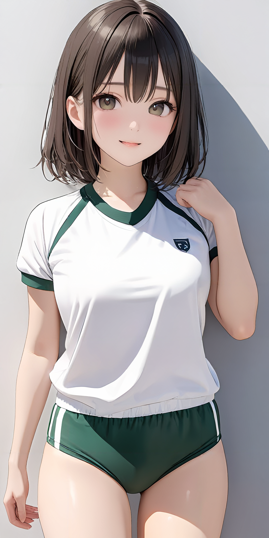 masterpiece,ultra-detailed,best quality,8K,illustration,cute face,clean skin ,shiny hair,girl,simple background,
 <lora:add-detail-xl:1> <lora:buruma_XL_V1.0:0.6> sgu,gym uniform, white shirt,green buruma