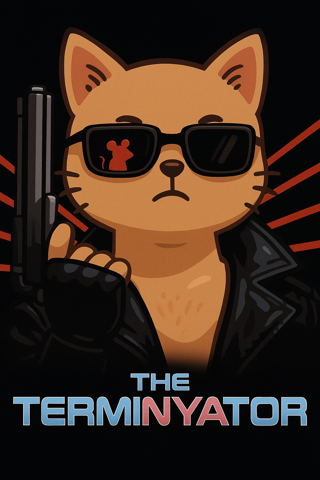 Create a parody poster based on the poster of the first Terminator movie.
The poster features a cute anthropomorphic cat. He's wearing black sunglasses and a leather jacket. He's holding a pistol vertically at face level.
At the bottom of the poster, in the iconic Terminator font, is the title: "THE TERMINYATOR"
In one of the lenses of his sunglasses, a red silhouette of a mouse is reflected.