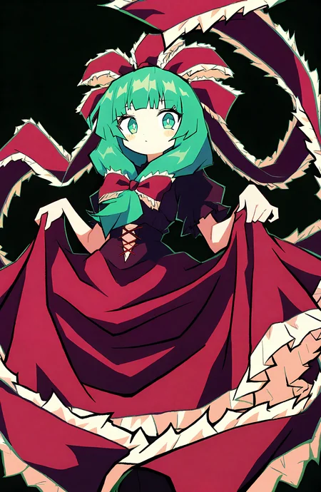 kagiyama_hina, 1girl, solo, long_hair, looking_at_viewer, simple_background, dress, bow, ribbon, closed_mouth, green_eyes, hair_ribbon, short_sleeves, hair_bow, frills, green_hair, puffy_sleeves, red_bow, red_ribbon, puffy_short_sleeves, red_dress, black_background, bright_pupils, white_pupils, skirt_hold, front_ponytail, frilled_ribbon