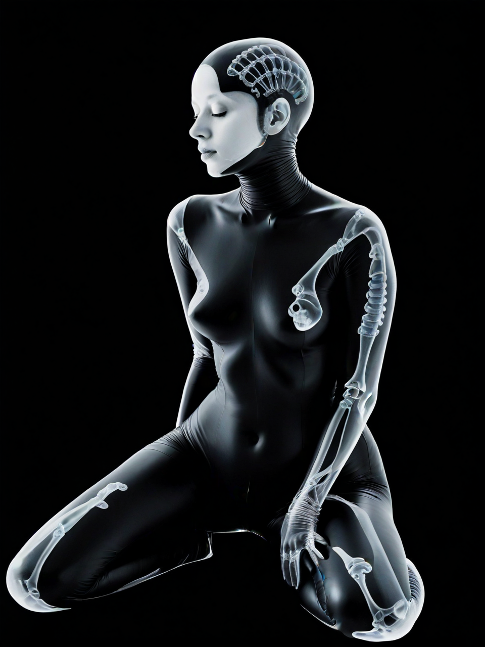 woman arms behind head, body leaning forward slightly, legs crossed, thoughtful and relaxed body language, wearing rubber gimp suit, Abnormal, abstract,x-ray art, <lora:DeconDada++:0.7>