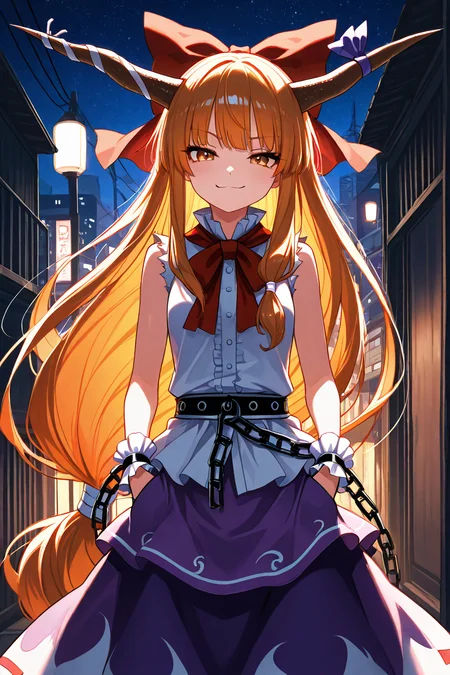 masterpiece, best quality, 1girl, solo, 21 year old model, eyelashes, (beautiful eyes), ,,, <lora:IbukiSuikaTouhouIXL:1.0>, zzSuika, brown eyes, hair bow, horns, long hair, low-tied long hair, oni horns, orange hair, very long hair, horn ribbon, sleeveless shirt, wrist cuffs, bow, ribbon, horn ornament, sleeveless, chain, skirt, shirt, ,,, stars, night, luminescent background, city, back alley, smug, hands in pockets, smile, looking at viewer, shiny skin, <lora:princess_xl_v2:0.3>,