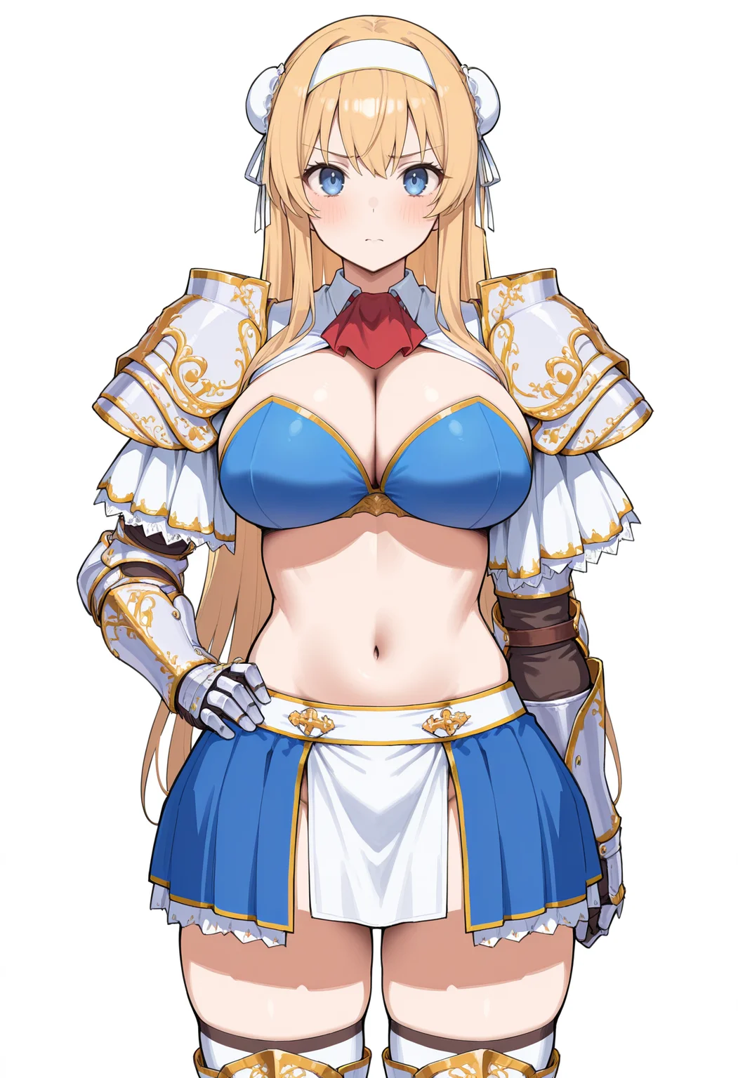 masterpiece, best quality,
1girl, solo,
standing, hand on own hip,
looking at viewer,
<lora:Alicia_Arcturus:1> 4l1c144rct0r0s, armor, shoulder armor, pauldrons, gauntlets, skirt, cleavage, hairband, bun cover, navel, thighhighs,
white background, simple background,