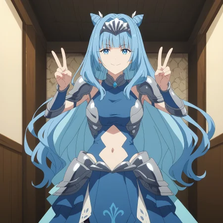 (score_9,score_8_up,score_7_up), anime_screencap, anime coloring, Pauldrons, Blunt bangs, Double bun, Hair bun, Adult, Blue eyes, Blue hair, Very long hair, Shoulder armor, 1girl, mature female, navel cutout, tall, skinny, large breast, boots, dynamic pose, hands up , peace sign, smile, horns, indoors,
, anime screencap, <lora:f2197124-d7e9-4b1b-a6ea-4d451e07122e:1.0>, <lora:65cd618c-a9e0-4837-9c63-5ed3045c9874:1.2>