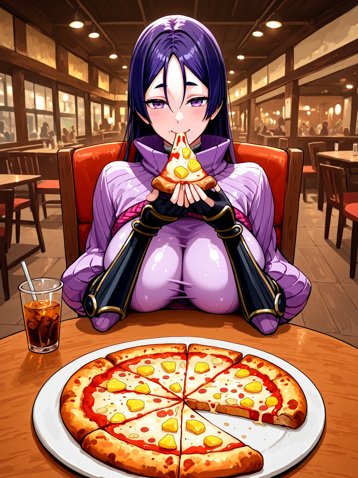 1girl, solo, minamoto no raikou \(fate\), purple bodysuit, ribbed sleeves, kote, shiny clothes, latex, BREAK,
blush, smile, eating, looking at viewer, BREAK,
sitting, on chair, table, pov across table, drink, BREAK,
pineappleonpizzaaaa, pineapple on pizza, pizza, <lora:pineapple_pizza_IL_v2:1>, BREAK,
indoors, restaurant