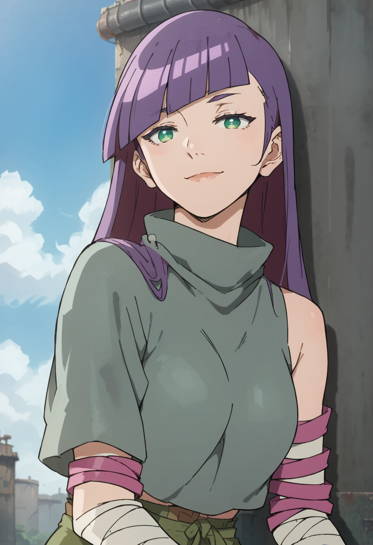 score_9, score_8_up, score_7_up, score_6_up,  1girl,solo, linmei_deca, long hair, purple hair, blunt bangs, green eyes, bandages, light smile, breasts,  outdoors, sky, cloud,<lora:linmei_deca:0.8> <lora:MoriiMee_Gothic_Niji_Style__Pony_LoRA_V2_Alt:0.5> morimee_style,