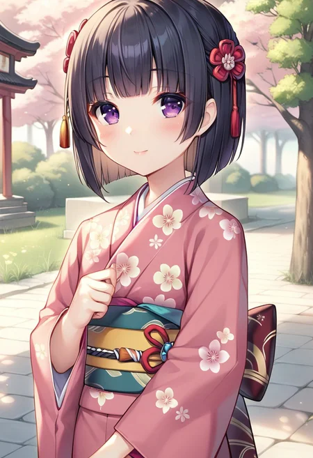 score_9, score_8_up, score_7_up, source_anime, 
detailed eyes, eye reflection,
shigure, black hair, bangs, blunt bangs, purple eyes,
short hair, hair ornament, hair flower, japanese clothes, kimono, pink kimono, print kimono, floral print, flower, long sleeves, wide sleeves, obi, tabi, socks, white socks, sandals, brown footwear,
outdoors, new year,
1girl, blush, smile,