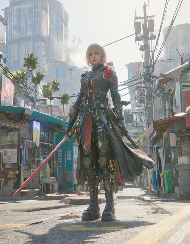 Beautiful 18yo blond girl holding a bloody katana and a red rose, wearing a detailed rich gothic outfit, in a ninja pose, standing, full body, <lora:testo1:1> cyberpuk, cyberpunk, evening, sun shades, very detailed, very narrow street, futuristic, ground view, high buildings in the background, billboard on trees, signs, shop, kanji, illuminated, neon street marking, city lights, houses, vegetation,