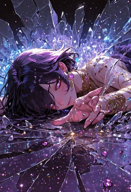 highres, very detailed, amazing quality, masterpiece,
very aesthetic, RBL-Illu,
particle effect, looking through broken glass,
1girl, solo, body is broken glass, made from glass pieces, prism, prismatic effects
BREAK,
prone, reaching out,
violet and gold background, gems, jewels