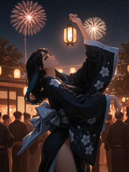 masterpiece, best quality, amazing quality, klskx, (nsfw, explicit:0.8), (2girls:1.9), multicolored hair, dark hair, long hair, eyebrows, thick eyelashes,
kimono, floral print kimono, dark blue kimono, dancing, holding lantern, outdoors, looking up, night sky, fireworks, festival, crowd, food stalls, warm lighting, stars, summer, (dark shadows:0.9), (high contrast:0.9), volumetric lighting, intricate details, blurry background, depth of field <lora:spo_sdxl_10ep_4k-data_lora_webui:1.0> <lora:illustriousXL_stabilizer_v1.23:1.0> <lora:illustrious_quality_modifiers_masterpieces_v1:0.6> <lora:klskx_wai:0.7000000000000001>
