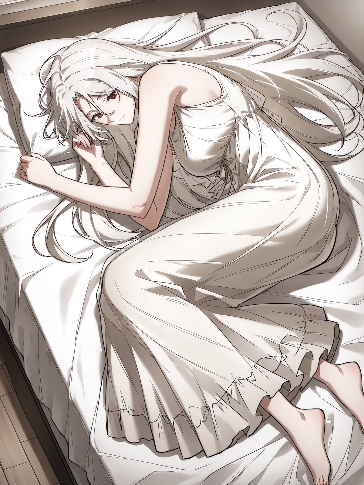 <lora:Omniscient_Readers_Viewpoint__Shin_Yoosung_adult:1>
1girl, solo, very long hair, white hair, straight hair, parted bangs, hair between eyes, red brown eyes,
white dress, flowing dress, layered dress, sleeveless dress, ankle length dress, soft fabric, ethereal look,
score_9, score_8_up, score_7_up, score_6_up, source_anime, masterpiece, best quality, top-down view, a beautiful woman lying on a bed, relaxed pose, long flowing hair spread on the pillow, soft lighting, cozy bedroom, gentle expression, elegant nightgown, delicate sheets, natural shadows, serene atmosphere, slight perspective distortion from above
