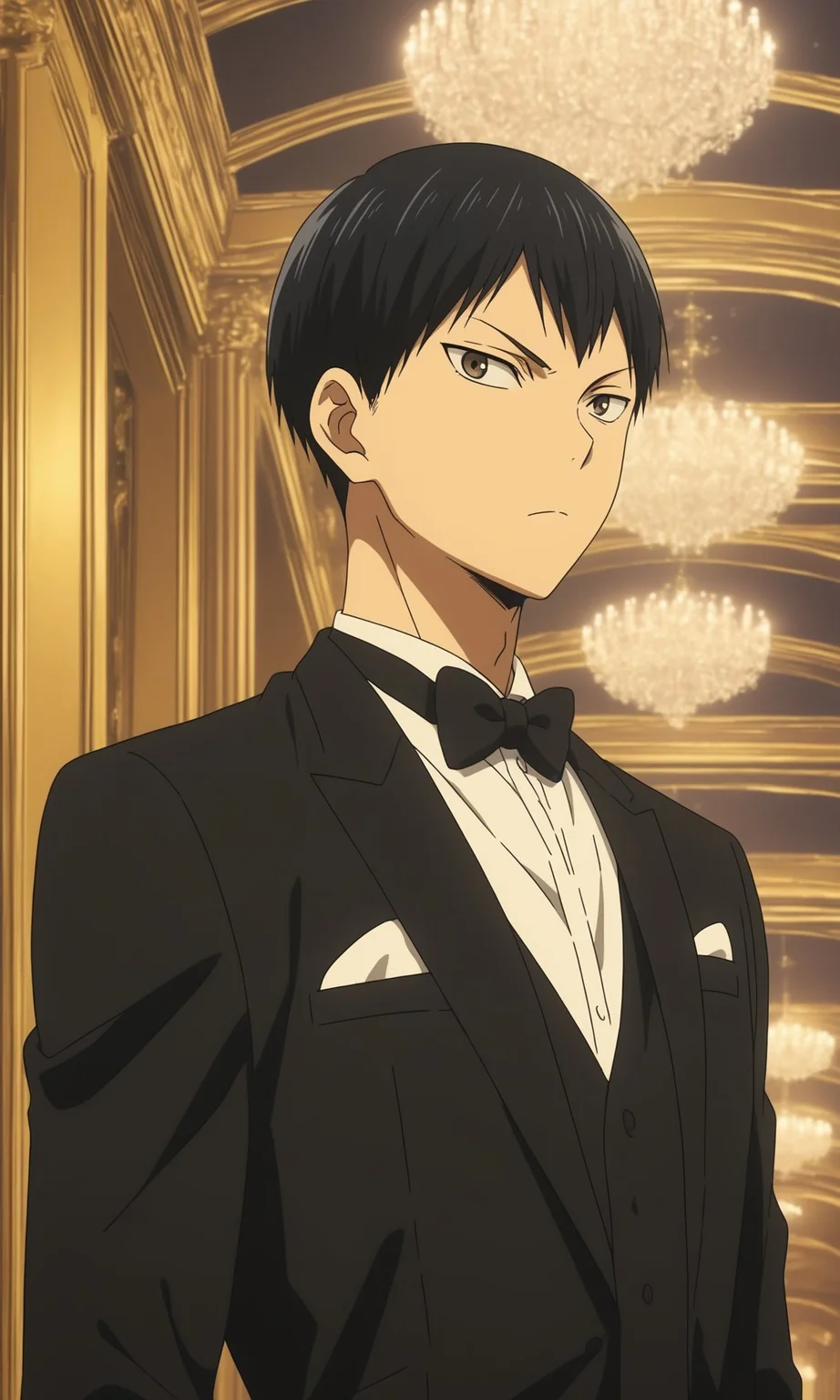 1boy, Tobio Kageyama from Haikyuu!!, BREAK source_anime , best quality, wearing a black tuxedo with a bow tie, formal setting, elegant lighting, evening atmosphere, detailed background , <lora:tuxedo:0.6>