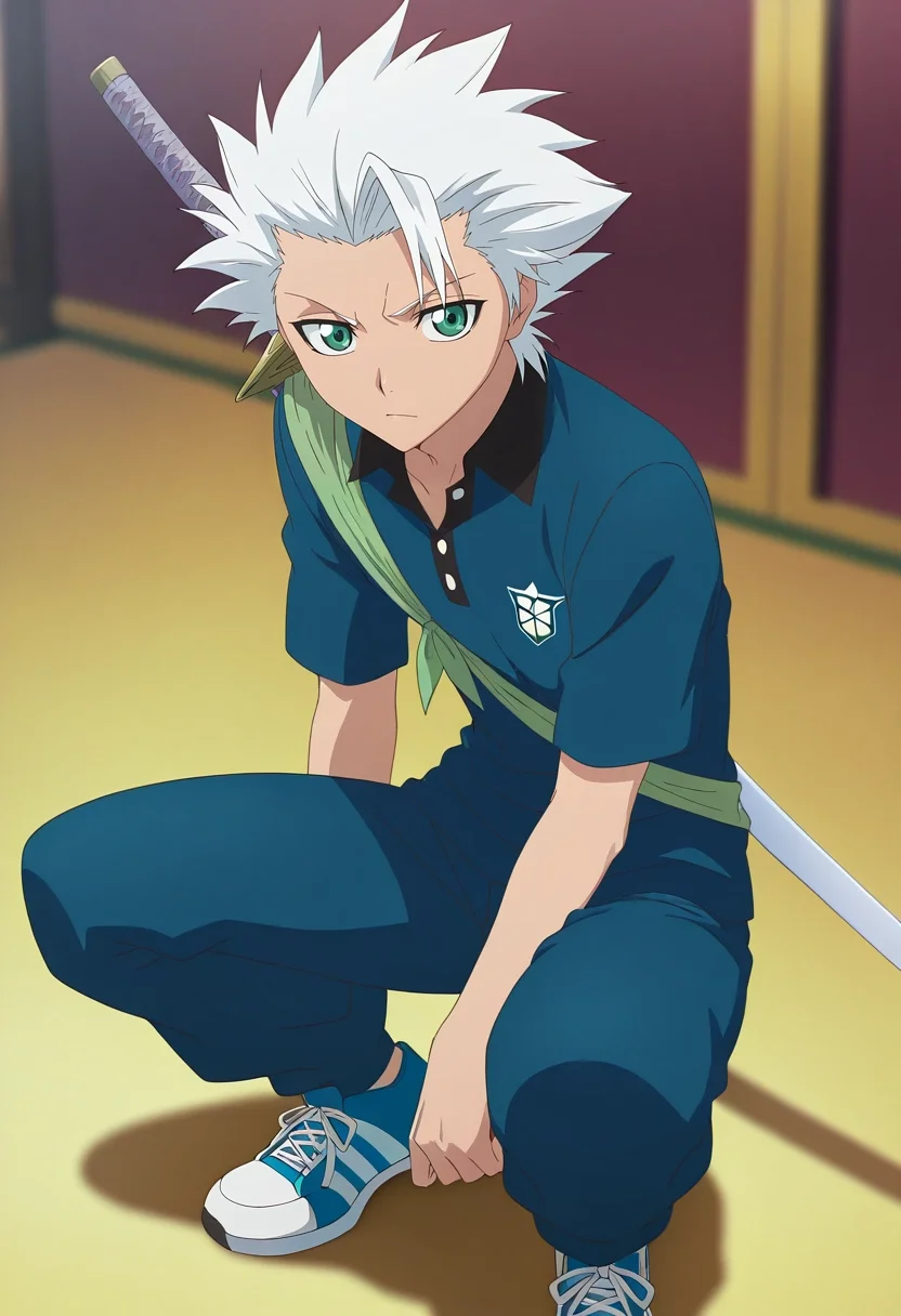 masterpiece, best quality, , anime screencap, anime coloring, , looking at viewer, depth of field, 1boy, solo, male focus, <lora:toushirou_hitsugaya_ilxl:0.94>, toushirou_hitsugaya, white hair, green eyes, spiked hair, , . sword, , , Mosaic Jacquard Quilted joggers, Pique polo shirt, High-top sneakers, Pork pie hat,