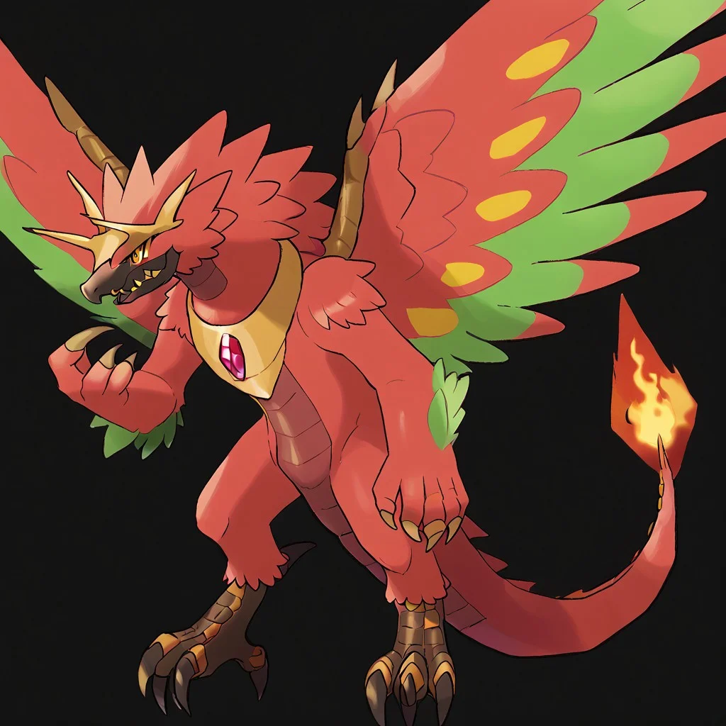 Yharon, golden horns, tail, dragon, bird, claws, no human, 4 eyes, feathered wings, talons, sharp teeth, intricate wing details, red and gold scales, glowing emerald eyes, large fiery wings with orange and green feathers, pokemon_(anime)