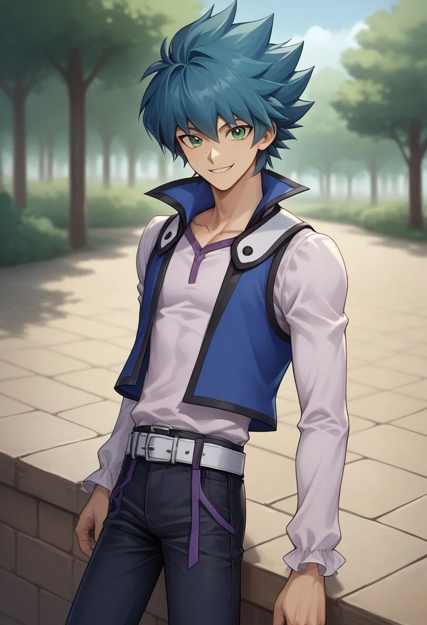 score_9, score_8_up, source_anime, highly detailed, 1boy, solo, slender, skinny
jesse, 1boy, male focus, solo, green eyes, smile, belt, duel academy uniform (yu-gi-oh! gx), blue hair, pants, vest, looking at viewer, spiked hair, long sleeves,
outdoor,