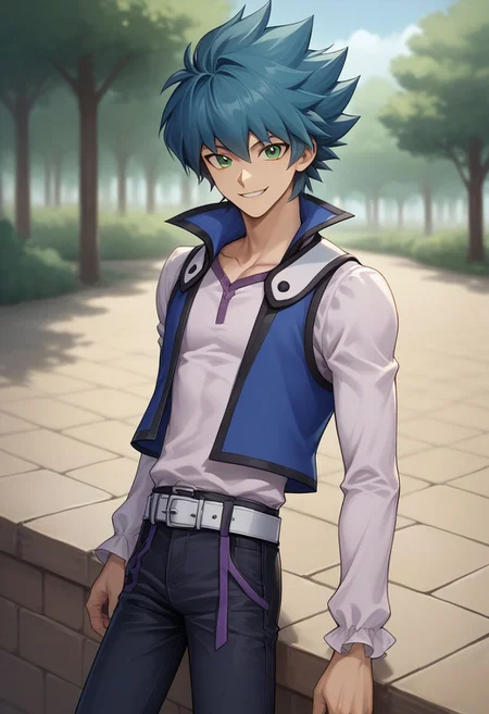 score_9, score_8_up, source_anime, highly detailed, 1boy, solo, slender, skinny
jesse, 1boy, male focus, solo, green eyes, smile, belt, duel academy uniform (yu-gi-oh! gx), blue hair, pants, vest, looking at viewer, spiked hair, long sleeves,
outdoor,