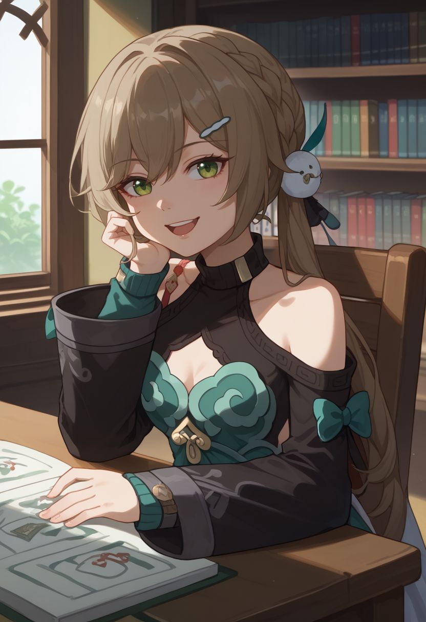 score_9, score_8_up, score_7_up, source_anime, 1girl, qingquedef, green eyes, brown hair, long hair, twintails, braid, hair ornament, hairclip, small breasts, bare shoulders, shoulder cutout, clothing cutout, cleavage cutout, turtleneck, dress, long sleeves, skirt, tassel, mahjong tile, mahjong, sitting, on chair, table, head rest, smile, open mouth, looking at viewer, indoors, library, portrait, close-up, upper body, facing viewer, <lora:Qingque_v1-000010:1>