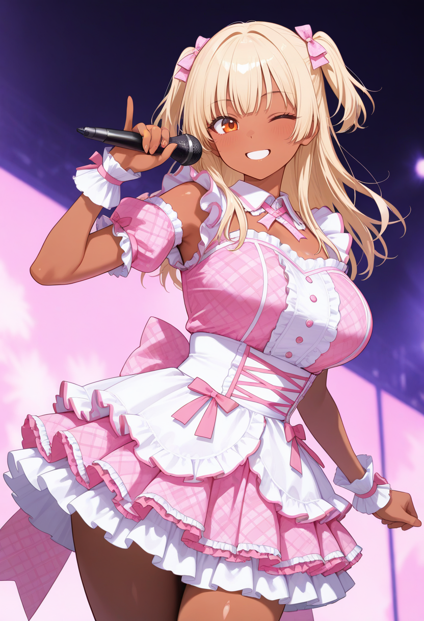 masterpiece,best quality,amazing quality, very aesthetic, ((outlined outlined vector graphics)), cute face, (glow eyes:0.5) ,  looking at viewer, cowboy shot,
1girl,20yo, (large breast:1.2), orange eyes, (blonde hair:1.3),long hair, (two side up:1.1), (dark skin:1.6), dark skin girl, (tall:1.2), (abs:0.7),bangs,
pink  clothes, (focus female), smile, happy,action pose  , (clothed:1.1),
idol, idol outfit, japanese-idol-outfit, clothed, frilled dress,, idol stage,microphone ,wink, ,
,  <lora:idol-outfit-il-20:1.0>