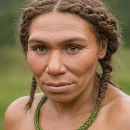 a neanderthal woman with a woven braided hair and dark and  green eyes, meadoww, hut in background (((closed mouth))), light smile,  <lora:Neanderthal-concept:1.2>neanderthal female, neanderthal woman face