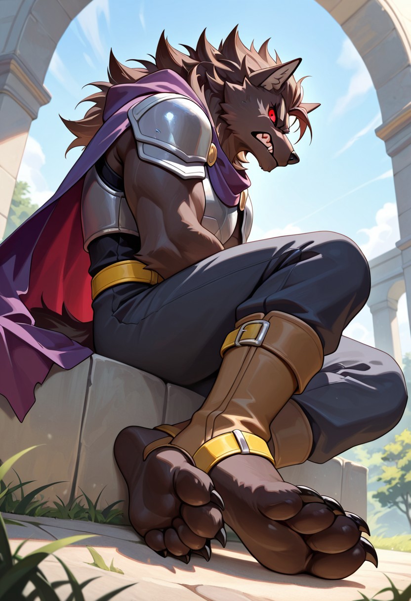masterpiece, best quality, amazing quality, absurdres, hi res, high quality, 4K, furry, 1boy, solo, male, adult wolf boy, slim body, muscular, spotless dark brown fur, wild hair, red eyes without pupils, red sclera, dark grey armor, yellow belt, purple cape, side view, view from below, close-up shot, angry, looking at the viewer, detailed background,full body, sitting, feet, soles, barefoot, black claws, long claws, sharp claws, light brown boots laying on the ground