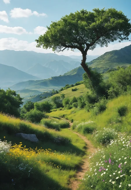 <lora:flux_genshinlandscape_sumeru_000003000:1> genshinlandscape, An image of Sumeru showing a vibrant, lush landscape dominated by a massive, ancient tree to the left of the image. The tree is intertwined with various structures, blurring the line between nature and civilization. Its roots and branches extend across the area, creating natural walkways and platforms enveloped in foliage. The lush greenery covers rolling hills and rocky outcrops, while small buildings are tucked into the vegetation, giving the scene a harmonious integration with nature. In the background, a clear blue sky with scattered white clouds stretches over the horizon, enhancing the bright atmosphere of the scene. The land is bathed in daylight, offering a vivid view of the surroundings. The distant hills and mountains add to the scene's depth, while patches of wildflowers in the foreground add a touch of color to the verdant landscape.
(8k uhd:1,4)
<lora:add-detail-xl:1>
<lora:Dynamic Poses:1>