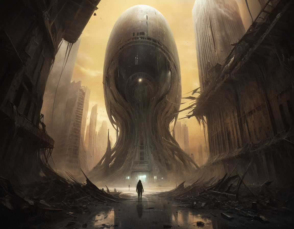 The wind howled mournfully through the corridors of an abandoned skyscraper, its hollow echoes carrying tales of a world where humans and aliens coexisted in harmony, until a cataclysmic event shattered their utopia into dust and dreams, b3ks1n
