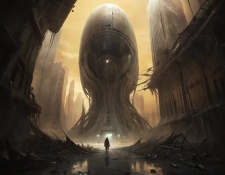 The wind howled mournfully through the corridors of an abandoned skyscraper, its hollow echoes carrying tales of a world where humans and aliens coexisted in harmony, until a cataclysmic event shattered their utopia into dust and dreams, b3ks1n