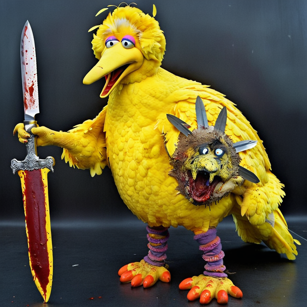 Steampunk style Bigbird1024, a giant yellow bird holding a big bloody knife, horror, dark <lora:Bigbird1024-000255:0.8>  . Antique, mechanical, brass and copper tones, gears, intricate, detailed