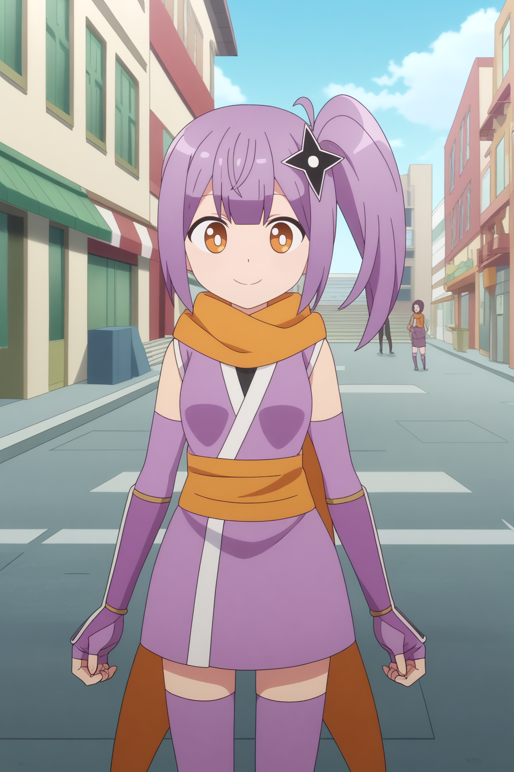 anime screencap, anime coloring, score_8_up, perfect background, outdoors, city, Satoko Kusagakure, purple kimono, sleeveless kimono, kunai, orange scarf, ninja, zettai ryouiki, purple thighhighs, purple elbow gloves, light smile <lora:Ninja_to_Koroshiya_no_Futarigurashi_-_Satoko_Kusagakure_-_PDXL:0.8>