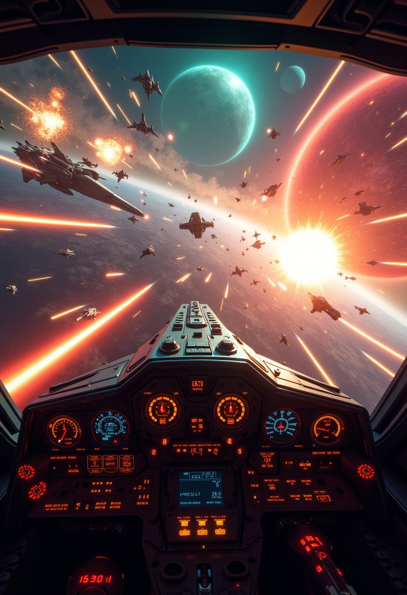 A first-person view from the cockpit of a spaceship during a massive intergalactic space war. The spaceship’s control panels are flickering with warning lights as lasers and missiles fly across the chaotic scene outside. Fiery explosions illuminate the darkness of space, lighting up the interior of the cockpit in flashes. Enemy ships zoom by, firing in all directions, while massive capital ships exchange heavy artillery in the distance. The background reveals a breathtaking view of outer space with colorful nebulae, vibrant planets, and distant stars. Amidst the action, two large planets, one glowing red and the other teal, dominate the background. A massive glowing sun looms far away, casting a faint light across the battlefield. Bright, chaotic streaks of laser fire criss-cross between fleets of ships, adding to the intensity. The overall tone is fast-paced and high-energy, with explosions and streaks of light constantly in motion, creating an overwhelming sense of a galactic war in full swing.
Dramatic and dynamic scene, colorful space on background, war action with spaceships.