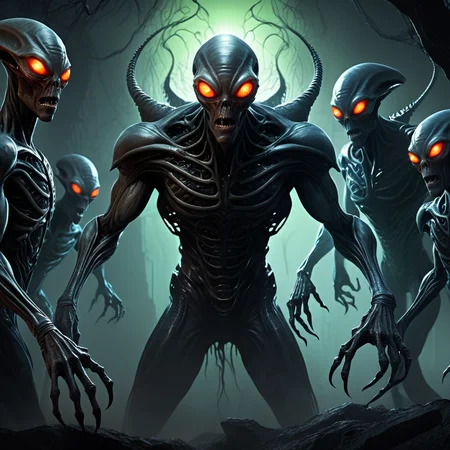 ((best quality)), ((masterpiece)), ((realistic,digital art)), (hyper detailed), Alien invasion of Energy vampires- Eerie, shadowy figures with glowing eyes and tendrils that siphon energy. , Virtual reality game designer, Sanctified
