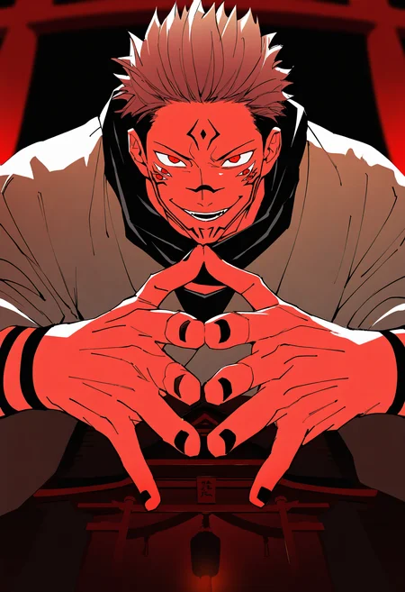 masterpiece, best quality, 1boy, solo, ryoumen sukuna \(jujutsu kaisen\), hair slicked back, facial tattoo, four eyes, evil smile, black scarf, white kimono, dark theme, red theme, horror \(theme\), foreshortening, own hands together, steepled fingers, abstract background, shrine, torii