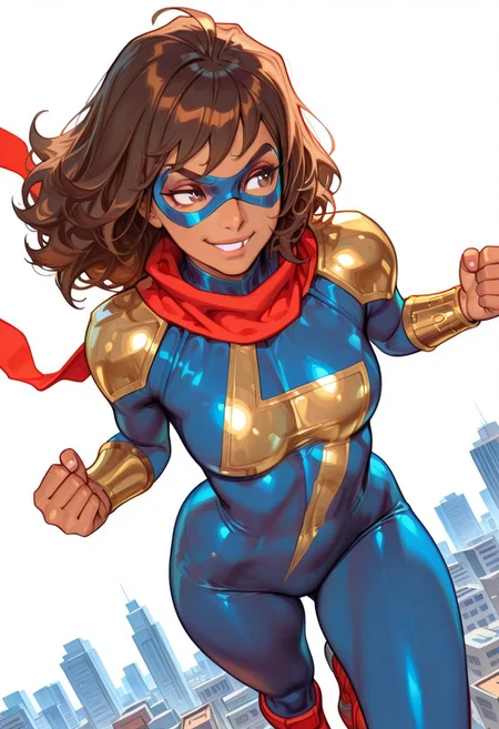 masterpiece, best quality, amazing quality, very aesthetic, absurdres, highres, newest, ledspac, mmkamalakhan, 1girl, solo, brown hair, medium hair,domino mask, smile, dark skinned female, blue bodysuit, lightning symbol, red scarf, gold pauldrons, gold bracers, red and gold boots, superhero fighting stance, smug expression, white background, rim lighting, dynamic angle, open sky, city skyline