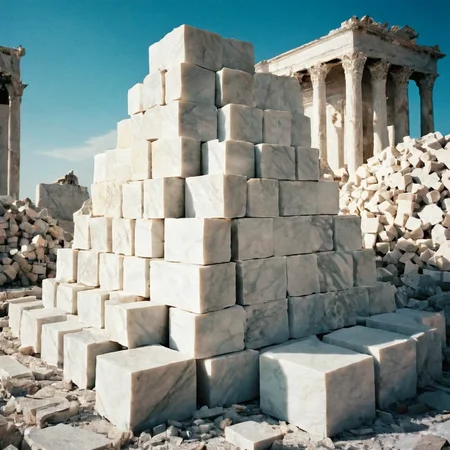 <lora:perfection style:0.3>
<lora:sculpture v2:0.9>
Marble sculpture a large pile of marble blocks in a room, movie themed, sharp, detailed, epic cinematic photography, artistic creative style, dramatic light, cinematic color style, skin tone Marble sculpture film style, Kodak, 35 mm film style, Marble sculpture style, outdoors, sky, day, blue sky, no humans, traditional media, scenery, motor vehicle, ruins, building
