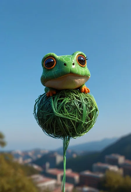 score_9, score_8_up, score_7_up, score_6_up, score_5_up, score_4_up, masterpiece, very aesthetic, absurdres, Tilt shift photography style, photo, a chibi frog, floating in air, blue sky, blurry background, green neon, wires, made of wires, cables, outlined with wires and purple neon, green neon outlines, wire sculpture, green neon wire sculpture,