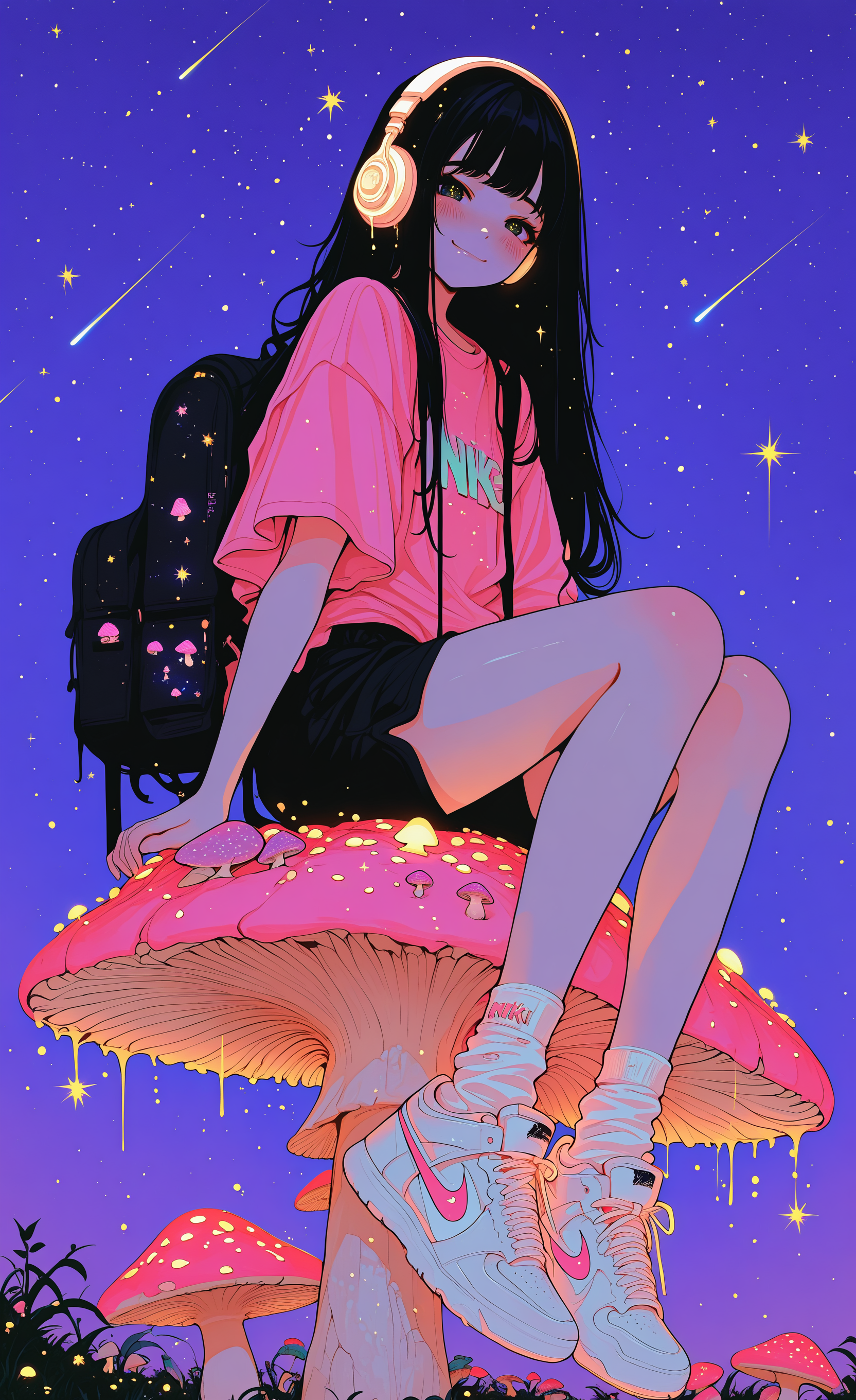 masterpiece, best quality, good quality, newest, highres, absurdres, 1girl, solo, long hair, looking at viewer, blush, smile, shirt, black hair, sitting, full body, short sleeves, outdoors, sky, shorts, shoes, socks, bag, night, black shorts, headphones, white socks, backpack, sneakers, t-shirt, star \(sky\), night sky, clothes writing, starry sky, pink shirt, print shirt, mushroom, ankle socks, nike \(company\), Ethereal Brushstroke,dhjs <lora:illustriousXL_stabilizer_v1.23:0.3> <lora:NOOB_vp1_detailer_by_volnovik_v1:0.3> <lora:ponyv6_noobE11_2_adamW-000017:0.45> <lora:Illustrious:0.15> <lora:MomoSweetSpaceILL:0.75> <lora:XXX667:0.7> <lora:PastelILL:0.8> <lora:dhjs_0010-waiNSFWIllustrious_v110_V1-CAME:0.8>