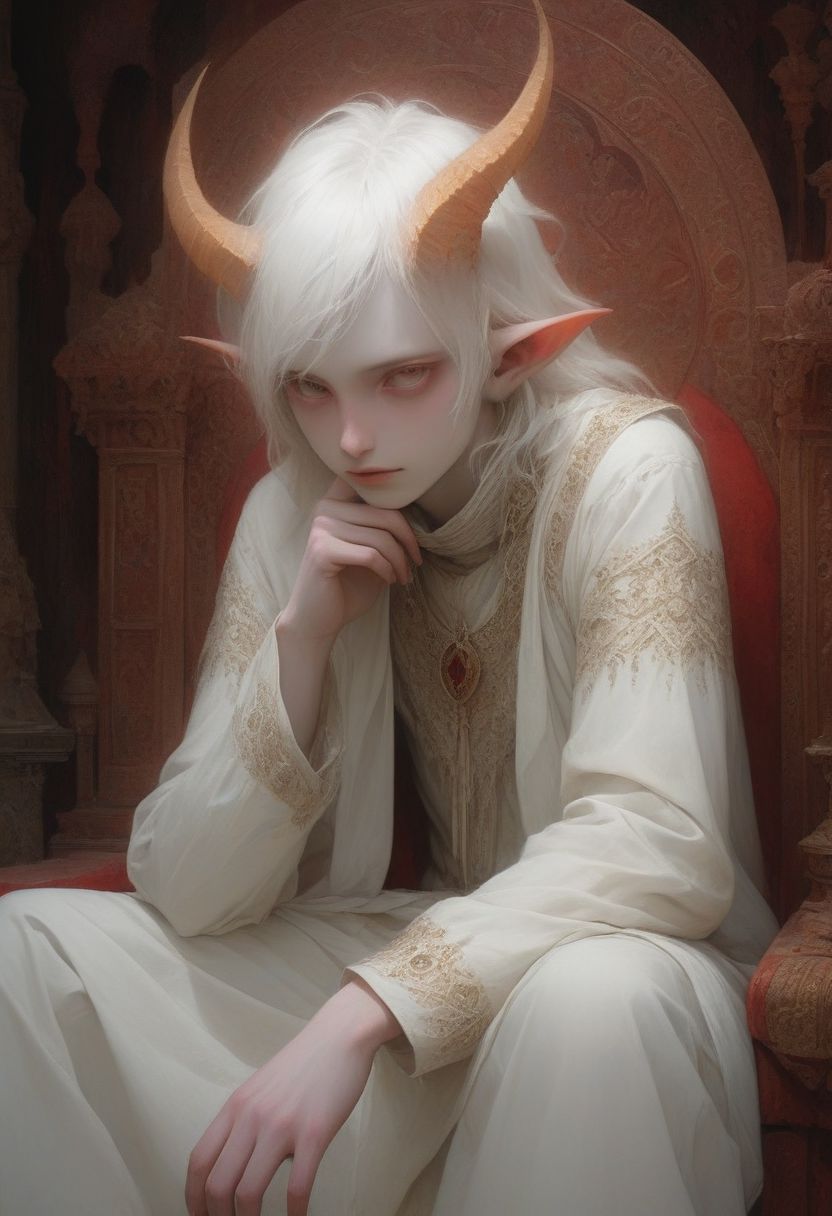 digital painting picture of skinny demon boy pale white skin white hair albino golden eyes white sclera horns pointy ears smile in warm form fitting white silk clothes, sitting on a God's Throne, near a fire pit, Moebius, hyper detailed perfect hands, award winning on artstation.com,(intricate details, masterpiece, best quality:1.4), looking at viewer, dynamic pose, wide angle view, dense fog, Different shades of red and purple, embellished with fly decoration, fractal art, in the style of nicola samori, Intense gaze, Bright... ,Model, anthro, ink drawing, anatomical, Da_Vinci, vitruvian,  <lora:SDXL CHA Pale Demon:1> <lora:SDXL ST paint LaxpeintXL-2.0:0.4>