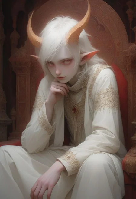 digital painting picture of skinny demon boy pale white skin white hair albino golden eyes white sclera horns pointy ears smile in warm form fitting white silk clothes, sitting on a God's Throne, near a fire pit, Moebius, hyper detailed perfect hands, award winning on artstation.com,(intricate details, masterpiece, best quality:1.4), looking at viewer, dynamic pose, wide angle view, dense fog, Different shades of red and purple, embellished with fly decoration, fractal art, in the style of nicola samori, Intense gaze, Bright... ,Model, anthro, ink drawing, anatomical, Da_Vinci, vitruvian,  <lora:SDXL CHA Pale Demon:1> <lora:SDXL ST paint LaxpeintXL-2.0:0.4>